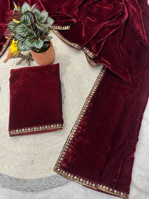 Maroon Color Plain With Sequins And Embroidery Lace Work Velvet Saree 5