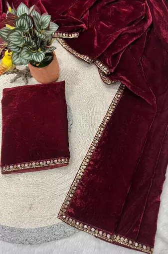 Maroon Color Plain With Sequins And Embroidery Lace Work Velvet Saree