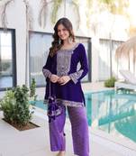 Purple Embroidered velvet salwar suit