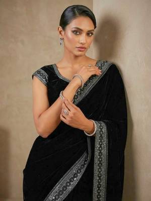 Black Color Plain With Sequins And Embroidery Lace Work Velvet Saree 1