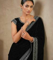 Black Color Plain With Sequins And Embroidery Lace Work Velvet Saree