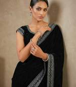 Black Color Plain With Sequins And Embroidery Lace Work Velvet Saree