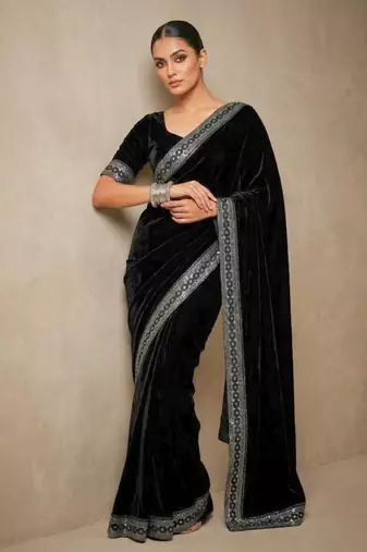 Black Color Plain With Sequins And Embroidery Lace Work Velvet Saree