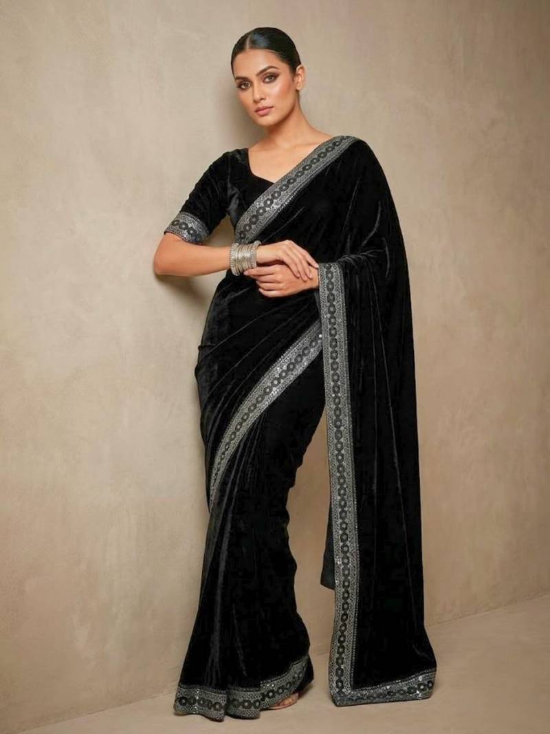 Black Color Plain With Sequins And Embroidery Lace Work Velvet Saree