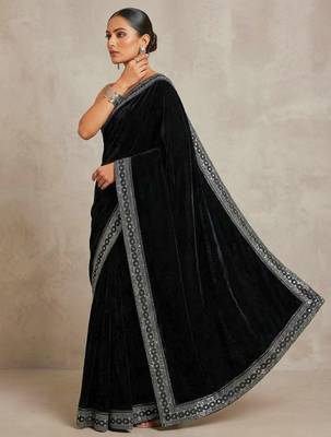 Black Color Plain With Sequins And Embroidery Lace Work Velvet Saree 3