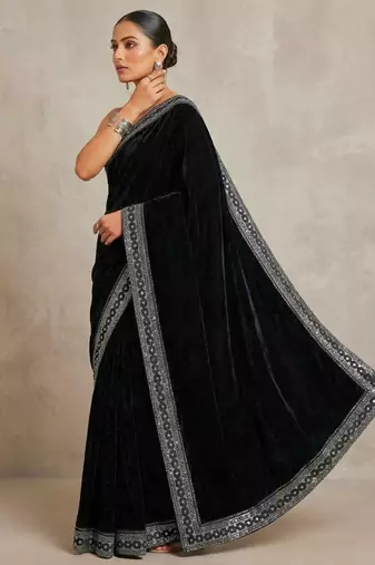 Black Color Plain With Sequins And Embroidery Lace Work Velvet Saree