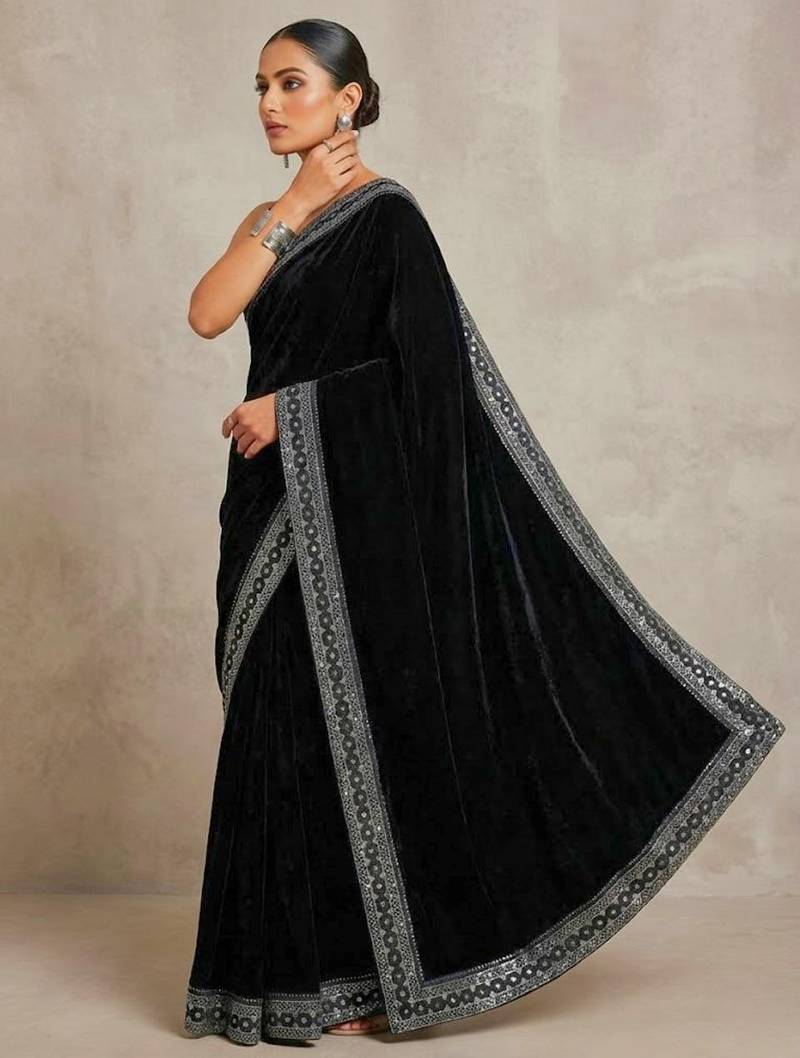 Black Color Plain With Sequins And Embroidery Lace Work Velvet Saree