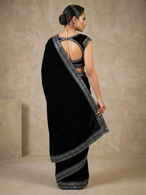 Black Color Plain With Sequins And Embroidery Lace Work Velvet Saree 4