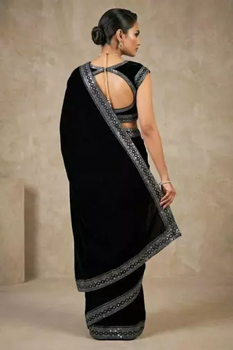 Black Color Plain With Sequins And Embroidery Lace Work Velvet Saree