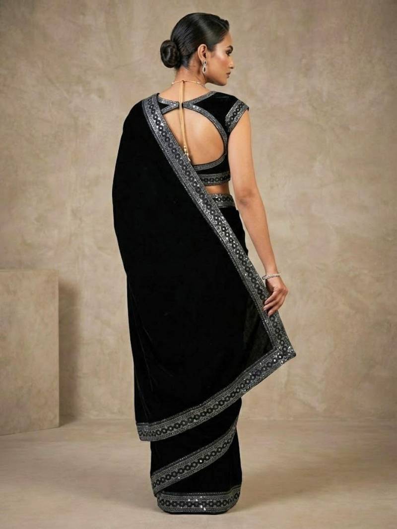 Black Color Plain With Sequins And Embroidery Lace Work Velvet Saree
