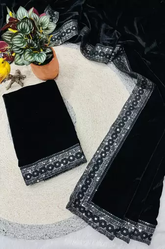 Black Color Plain With Sequins And Embroidery Lace Work Velvet Saree