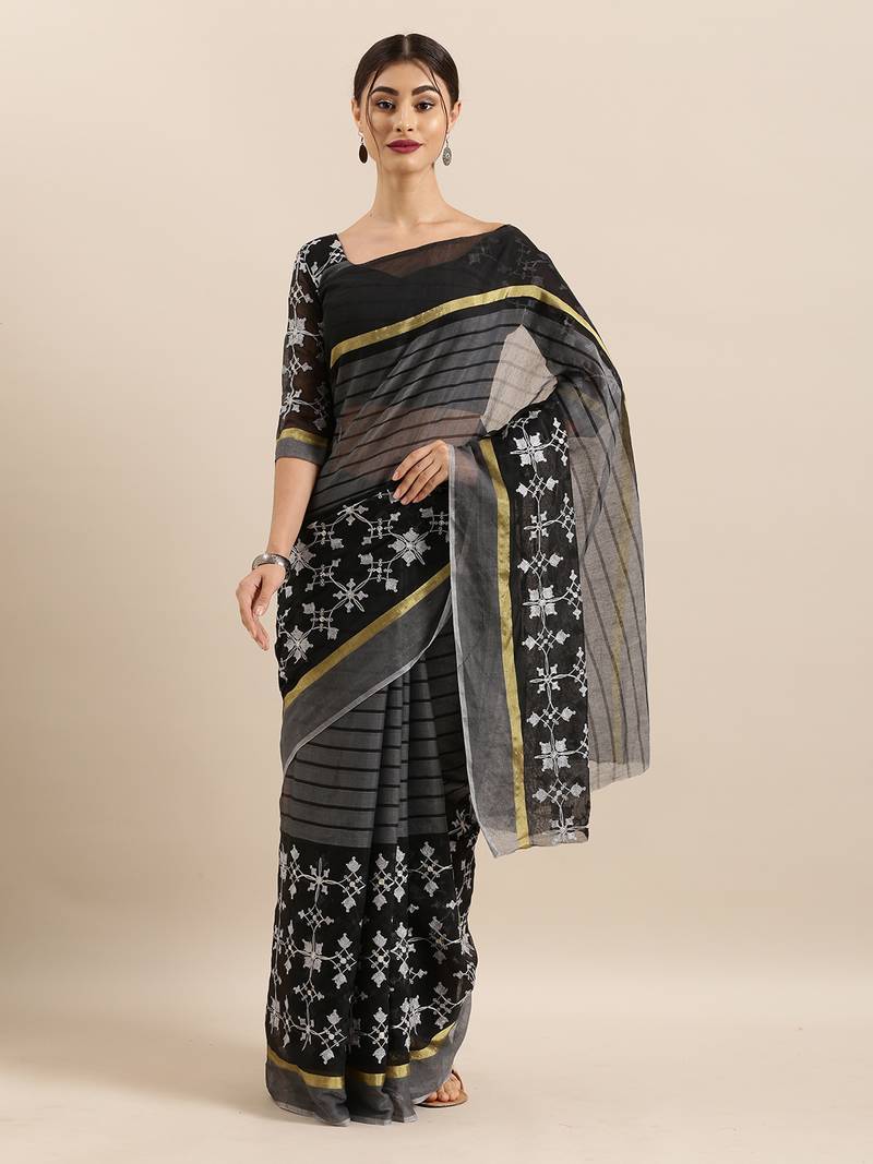 Black Embroidered Cotton Saree With Blouse