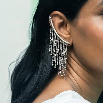 Oxidised mismatched earrings for women | boho tribal earcuff and stud set 3