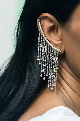 Oxidised mismatched earrings for women | boho tribal earcuff and stud set