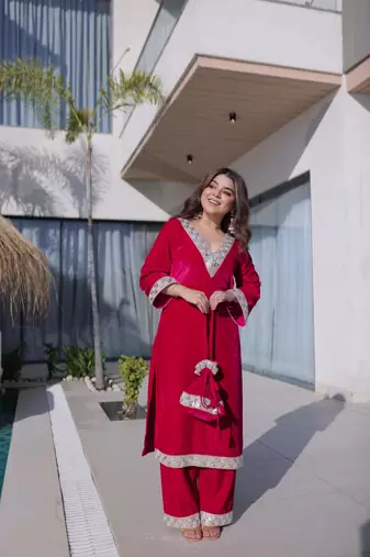 Pink Embroidered velvet salwar suit