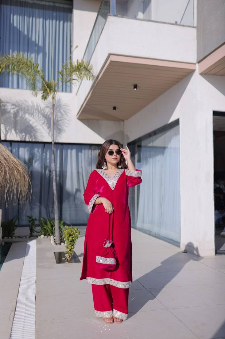 Pink Embroidered velvet salwar suit