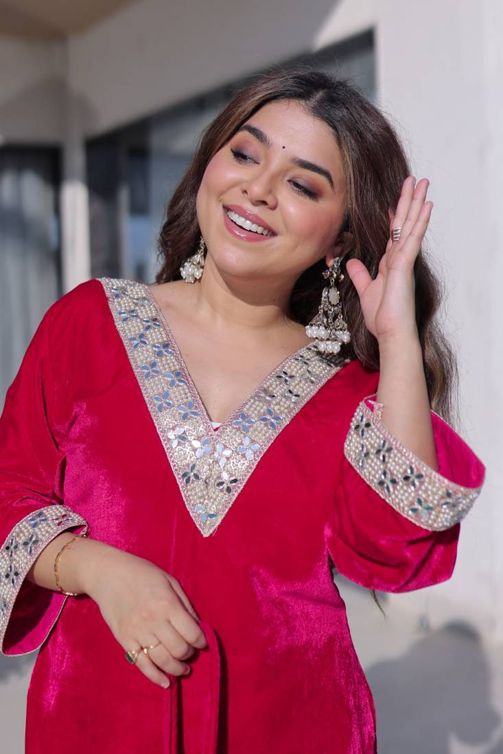 Pink Embroidered velvet salwar suit