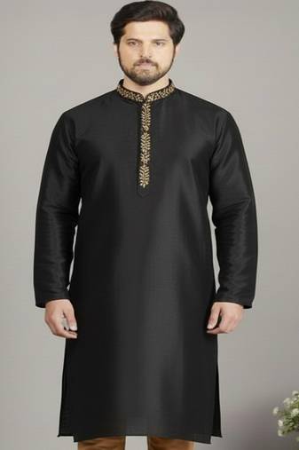 Black embroidered dupion silk kurta