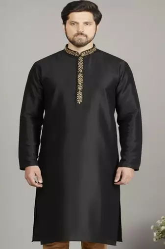Black embroidered dupion silk kurta