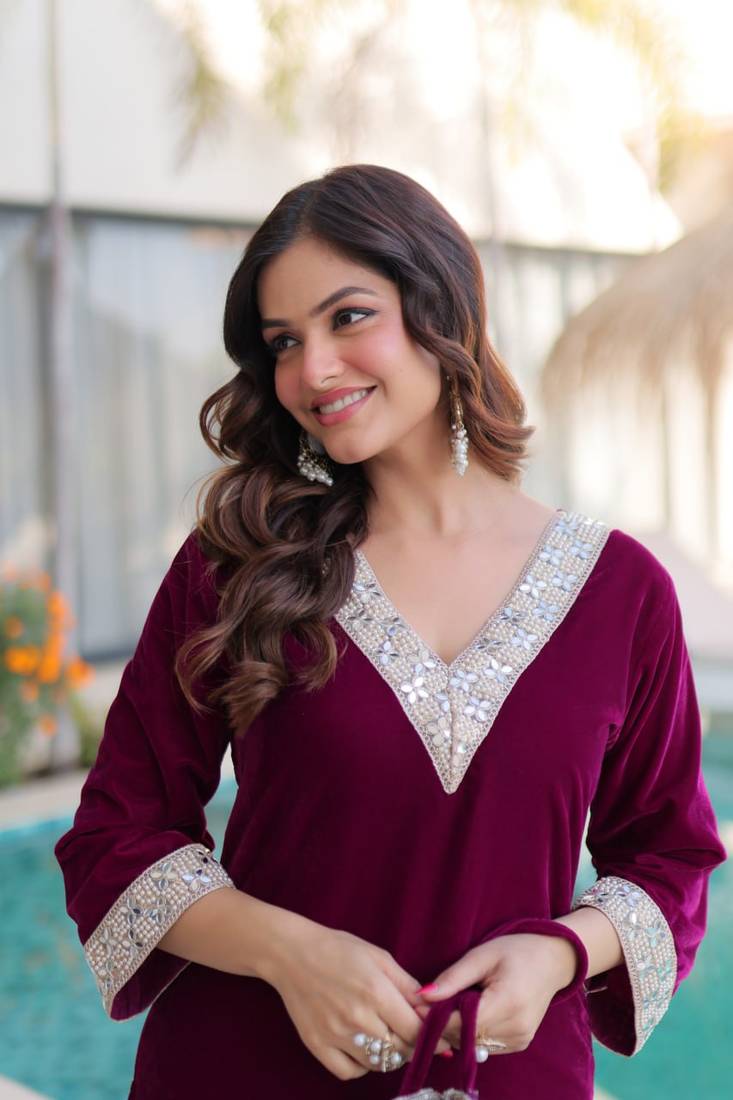 Wine Embroidered velvet salwar suit