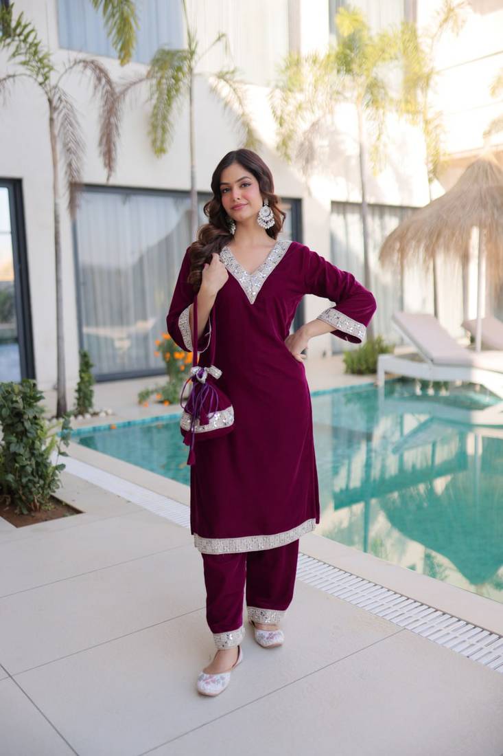 Wine Embroidered velvet salwar suit