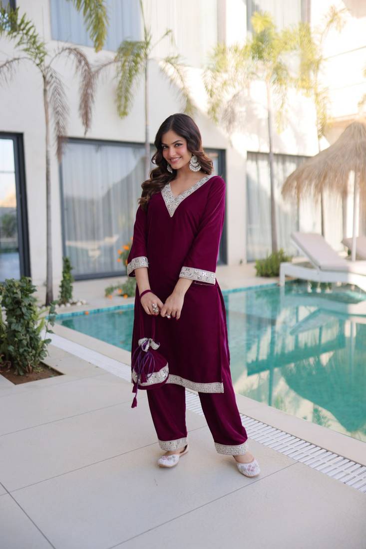 Wine Embroidered velvet salwar suit