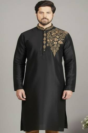 Black embroidered dupion silk kurta