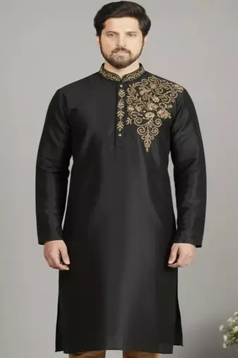 Black embroidered dupion silk kurta