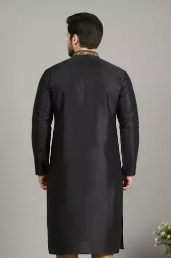 Black embroidered dupion silk kurta
