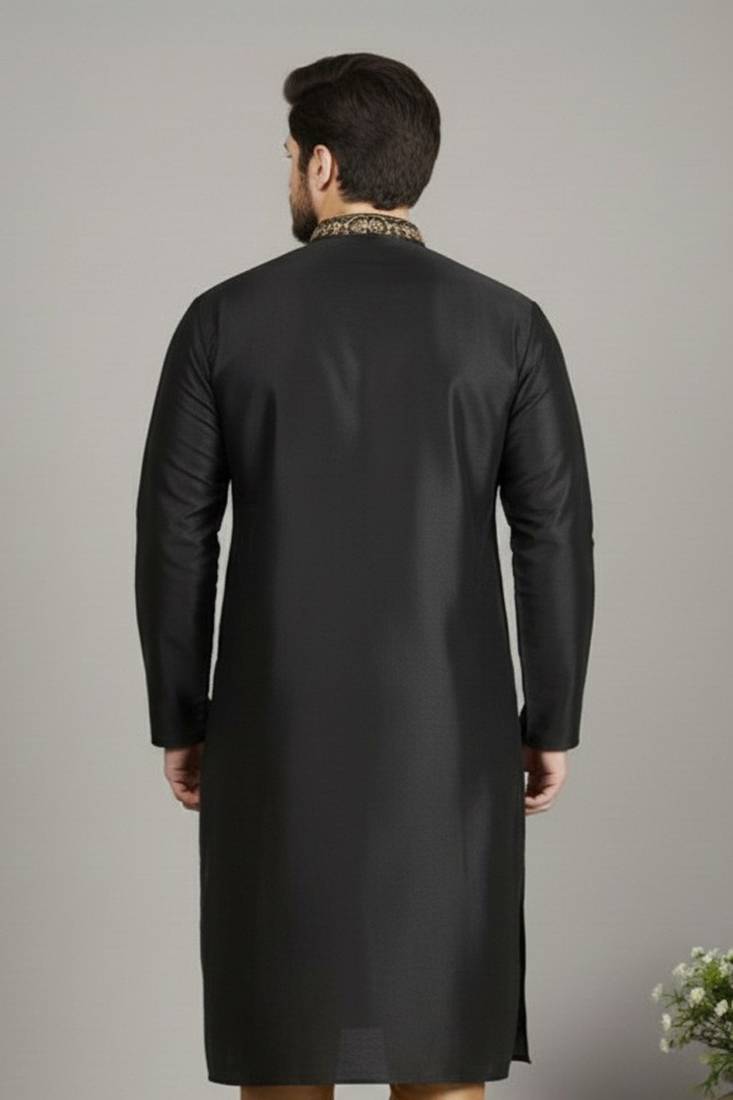 Black embroidered dupion silk kurta