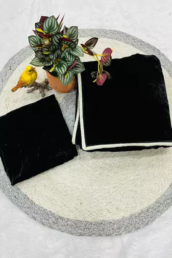 Black Color Plain With Fancy Lace Border Of Pearl Viscose Velvet Saree