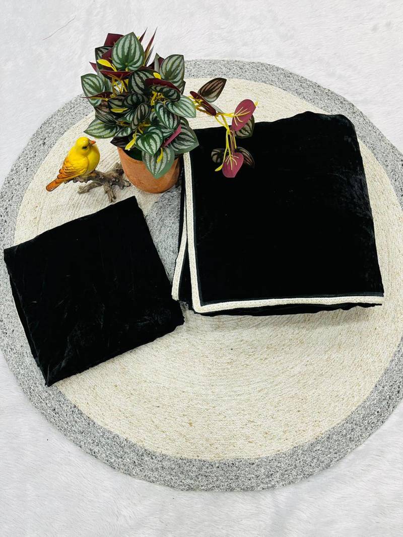 Black Color Plain With Fancy Lace Border Of Pearl Viscose Velvet Saree