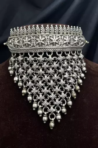 Antique flower jali choker necklace set | vintage handmade brass hasli torque