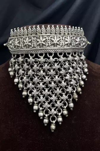 Antique flower jali choker necklace set | vintage handmade brass hasli torque