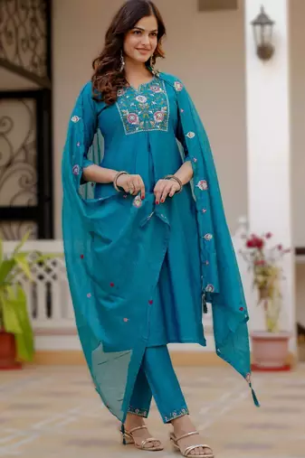 Sky blue viscose mango silk embroidered & sequins work kurta set