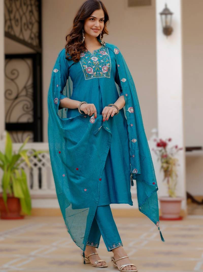 Sky blue viscose mango silk embroidered & sequins work kurta set