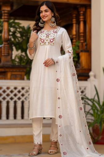White viscose mango silk embroidered & sequins work kurta set