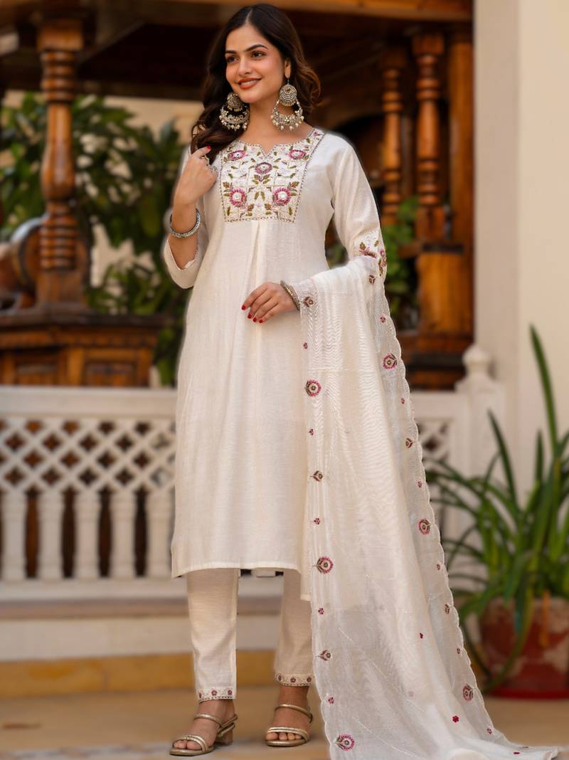 White viscose mango silk embroidered & sequins work kurta set