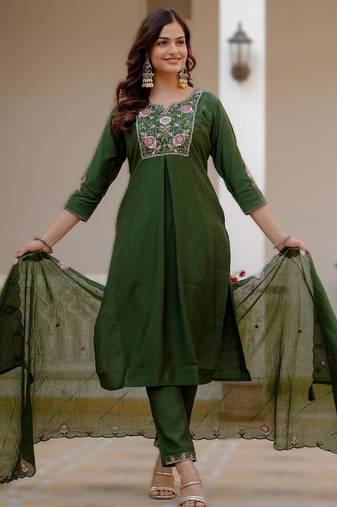 Green viscose mango silk embroidered & sequins work kurta set