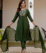 Green viscose mango silk embroidered & sequins work kurta set