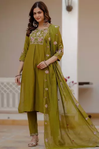 Mehendi green viscose mango silk embroidered & sequins work kurta set