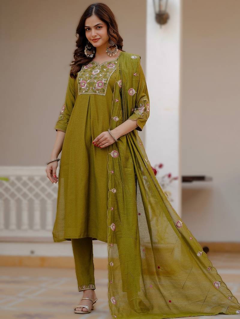 Mehendi green viscose mango silk embroidered & sequins work kurta set