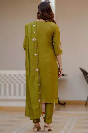 Mehendi green viscose mango silk embroidered & sequins work kurta set