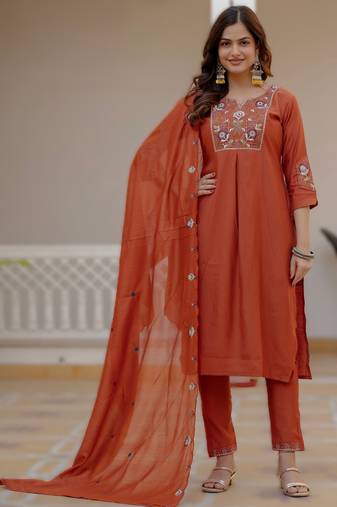 Orange viscose silk embroidery & sequins work straight suit
