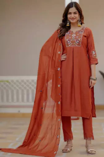 Orange viscose silk embroidery & sequins work straight suit