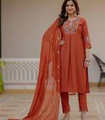 Orange viscose silk embroidery & sequins work straight suit