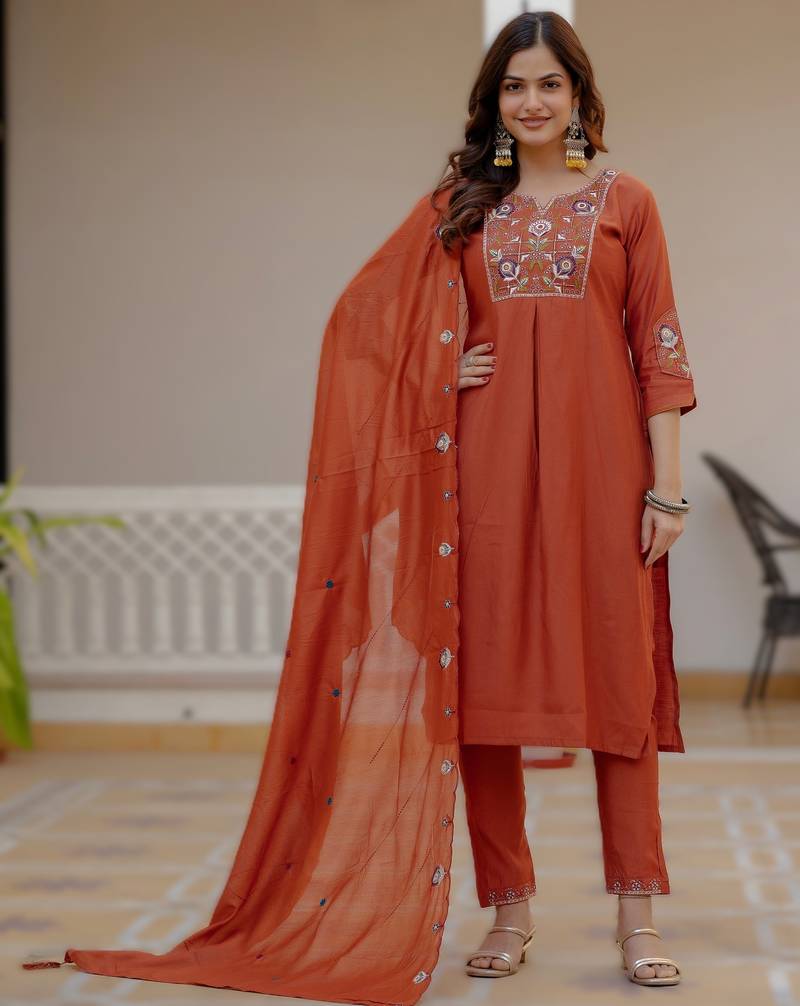 Orange viscose silk embroidery & sequins work straight suit