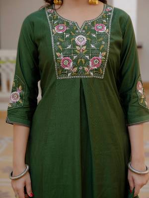 Green viscose mango silk embroidered & sequins work kurta set 3