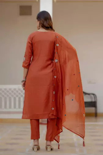 orange viscose silk embroidery & sequins work straight suit