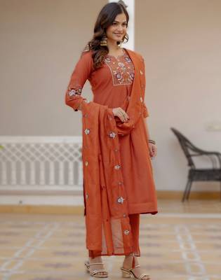 orange viscose silk embroidery & sequins work straight suit 3